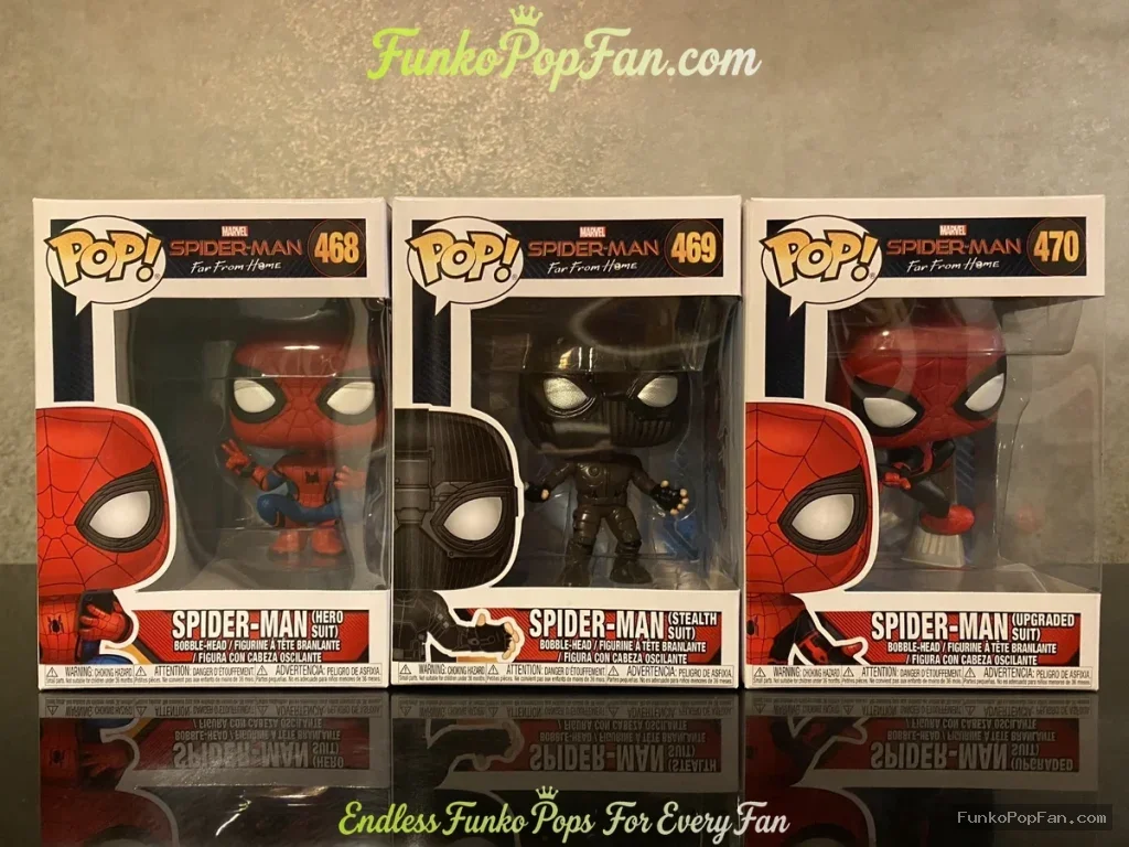 Bundle Funko Pop Marvel Far From Home #468 Spider-Man / Spider-Man Stealth #469 / Spider-Man Upgraded #470 Vinyl Figure Bobblehead Vaulted Collectible With Protector Funko Pop Figure