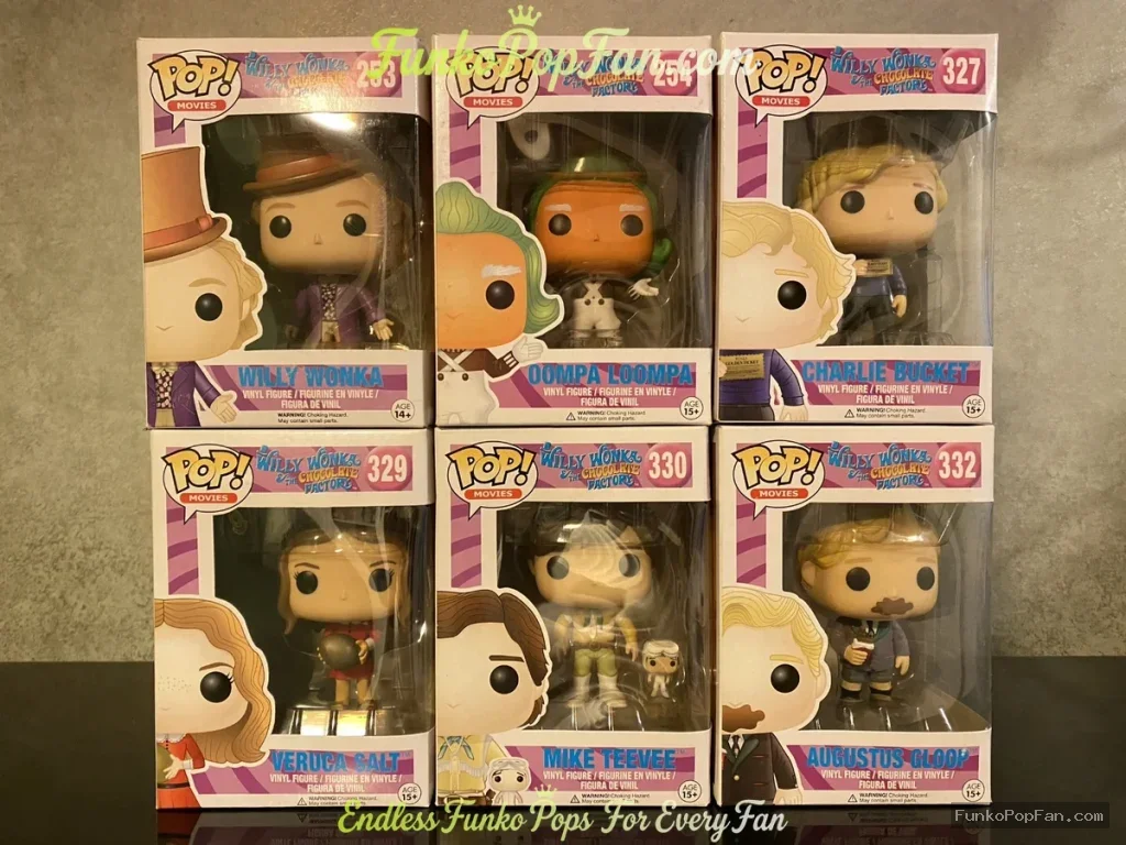 Bundle Funko Pop Movies #253 Willy Wonka #254 Oompa Loompa #327 Charlie Bucket #329 Veruca Salt #330 Mike Teenee #332 Augustus Gloop Vinyl Figure Bobblehead Vaulted Collectible With Protector Funko Pop Figure