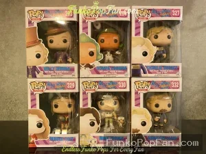 Bundle Funko Pop Movies #253 Willy Wonka #254 Oompa Loompa #327 Charlie Bucket #329 Veruca Salt #330 Mike Teenee #332 Augustus Gloop Vinyl Figure Bobblehead Vaulted Collectible With Protector Funko Pop Figure