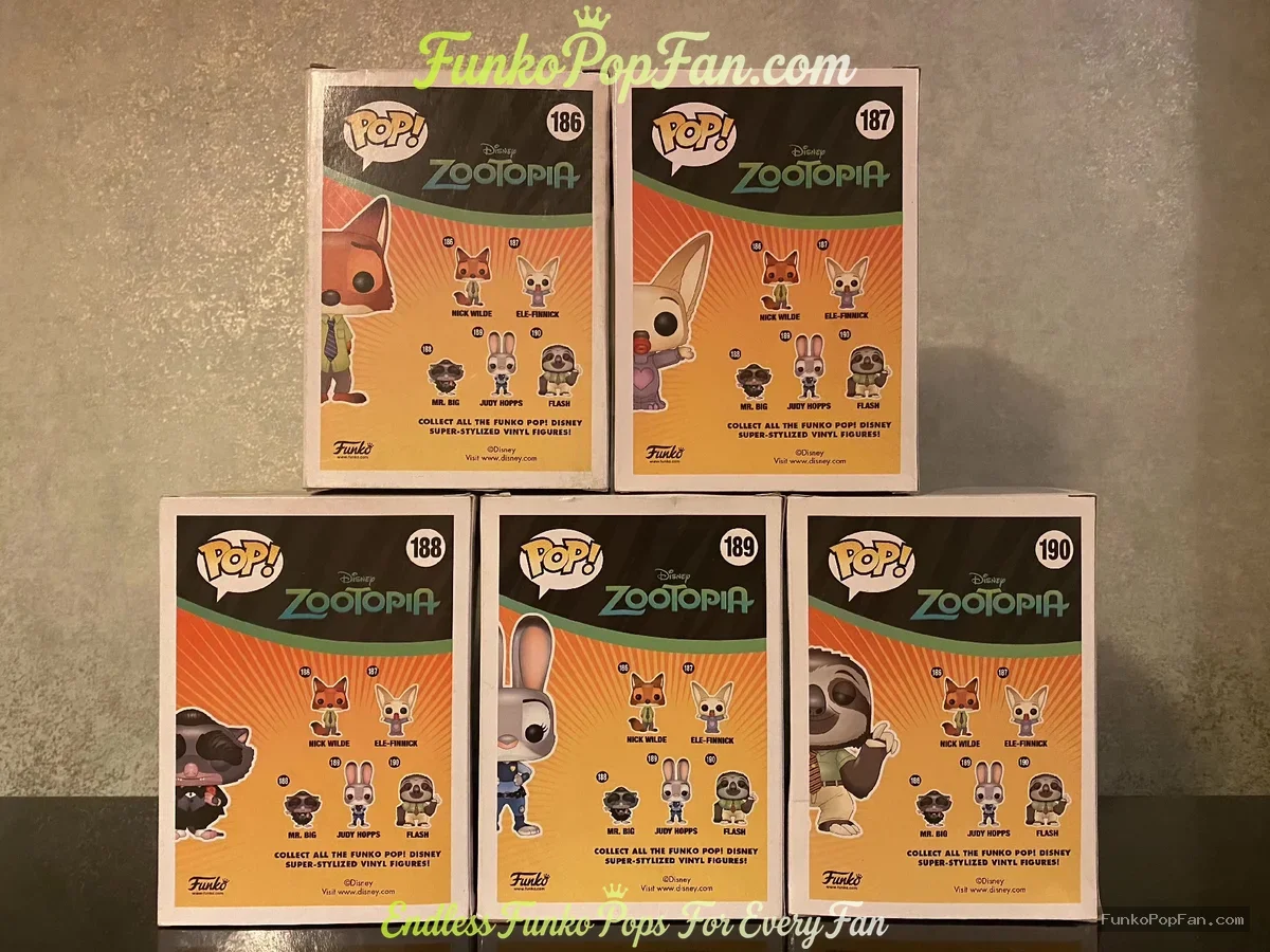 Bundle Funko Pop! Disney Zootopia #186 Nick Wilde / #187 Ele-Finnick / #188 Mr. Big / #189 Judy Hopp - Funko Pop Figure