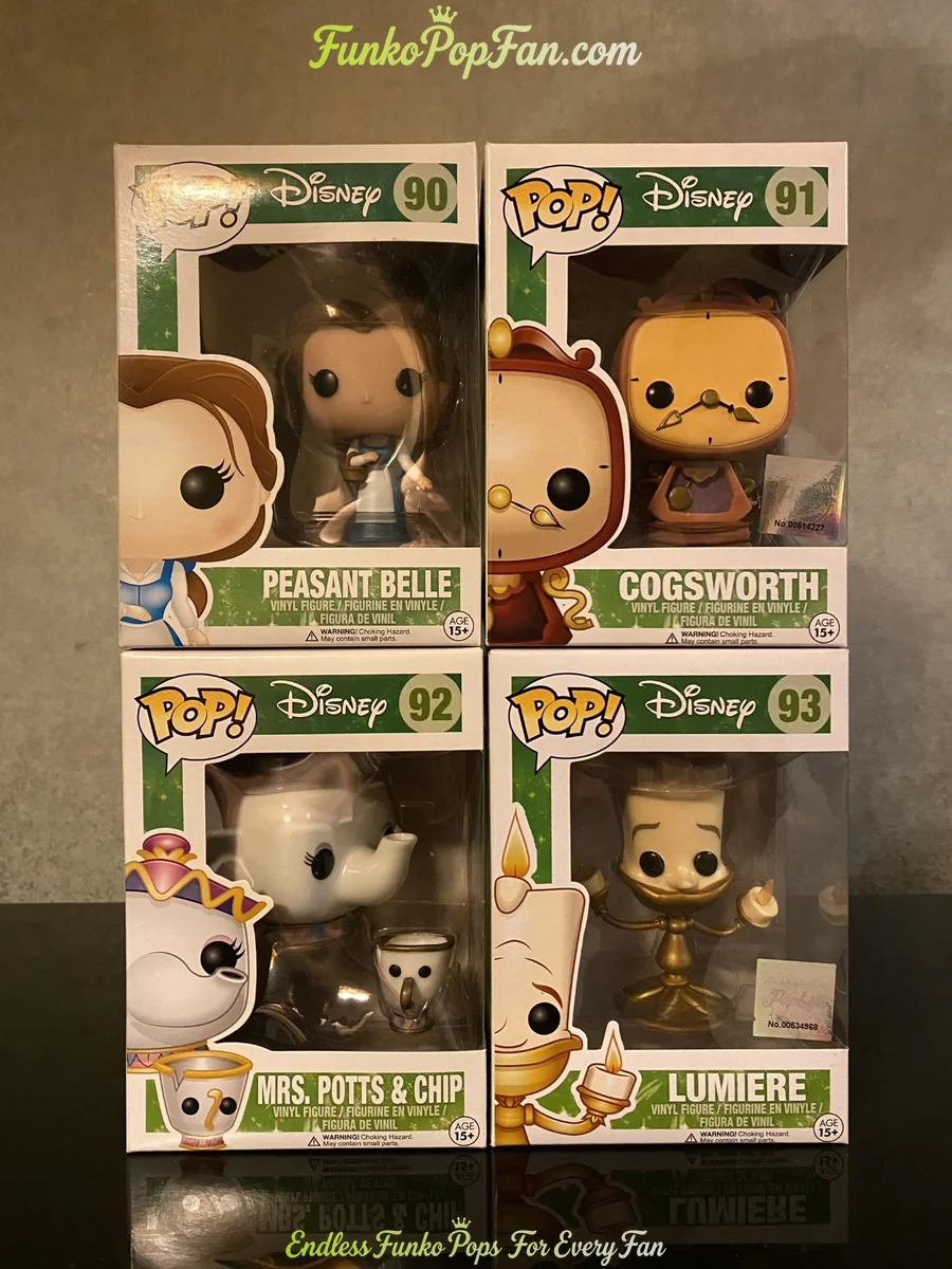 Bundle Funko Pop! Disney Beauty and the Beast #90 Peasant Belle / Cogsworth #91 / Mrs. Potts & Chip #92 / Lumiere #93 Vinyl Figure Bobblehead Vaulted Collectible With Protector Funko Pop Figure