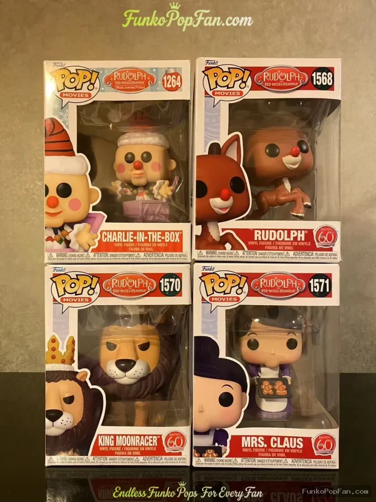 Bundle Funko Pop! Rudolph The Red-Nosed Reindeer #1264 Charlie-in-the-Box / Rudolph #1568 / King Monracer #1570 / Mrs. Claus #1571 Vinyl Figure Bobblehead Vaulted Collectible With Protector Funko Pop Figure