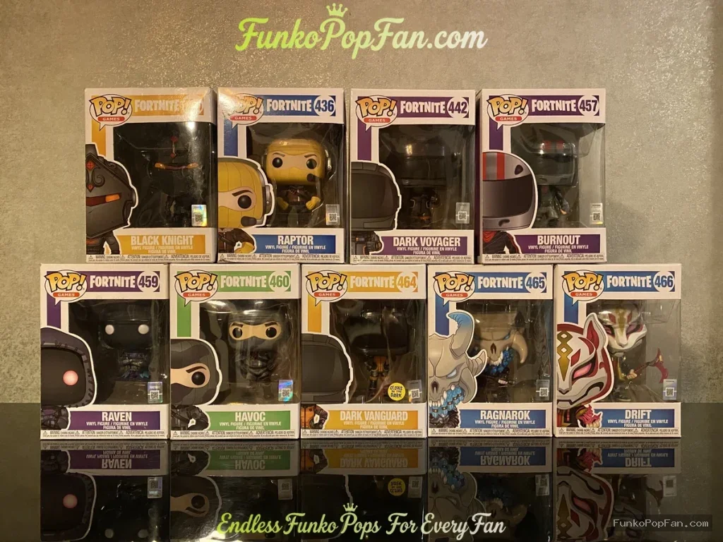 Bundle Funko Pop! Games Fortnite #459 Black Knight / Raptor #436 / Dark Voyager #442 / Burnout #467 / Raven #459 / Havoc #460 / Dark Vanguard #465 / Ragnarok #466 / Drift #466 Vinyl Figure Bobblehead Vaulted Collectible With Protector Funko Pop Figure