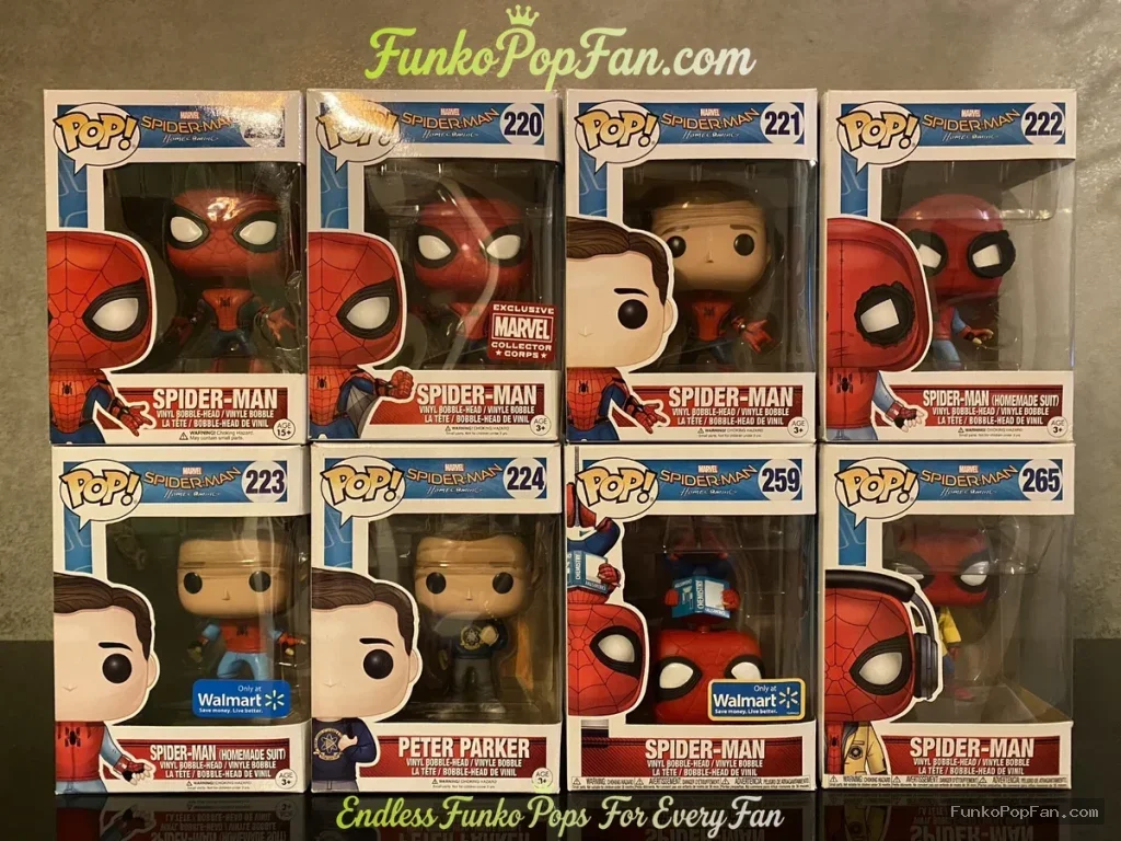 Bundle Funko Pop Marvel Spider-Man #220 Spider-Man / Peter Parker #223 / Spider-Man #221 / Spider-Man #222 / Spider-Man #250 / Spider-Man #265 Vinyl Figure Bobblehead Vaulted Collectible With Protector Funko Pop Figure