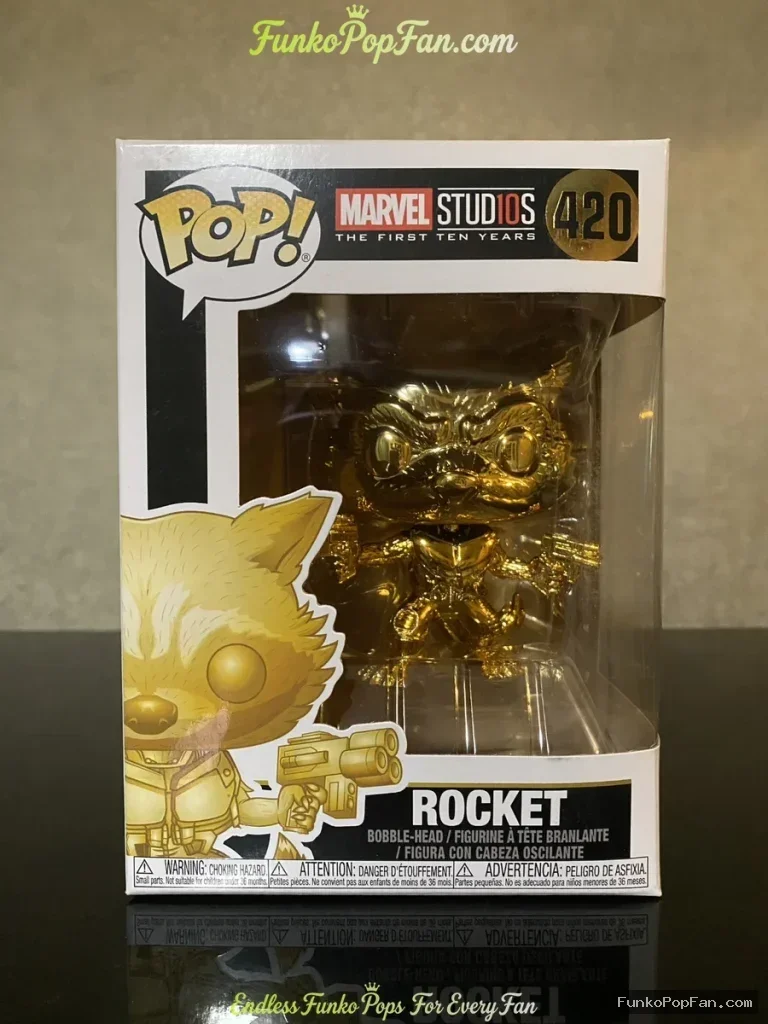 Marvel Studios The First Ten Years #420 Rocket (Gold Chrome FYE Exclusive) Vinyl Figure Bobblehead Vaulted Collectible With Protector Funko Pop Figure