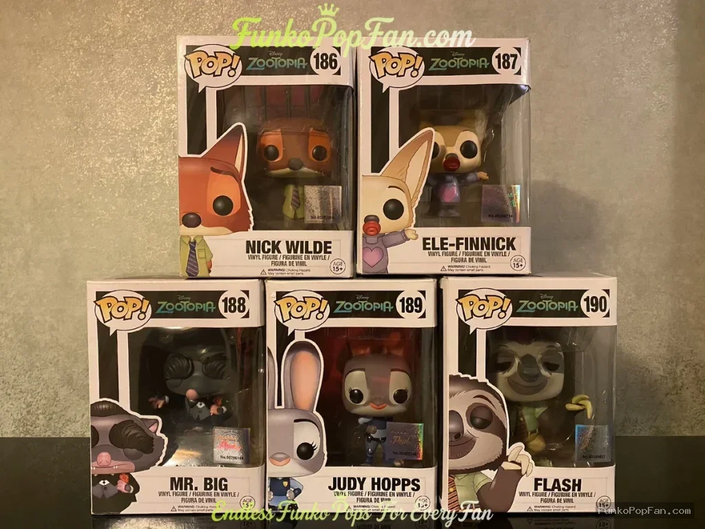 Bundle Funko Pop! Disney Zootopia #186 Nick Wilde / #187 Ele-Finnick / #188 Mr. Big / #189 Judy Hopps / #190 Flash Vinyl Figure Bobblehead Vaulted Collectible With Protector Funko Pop Figure