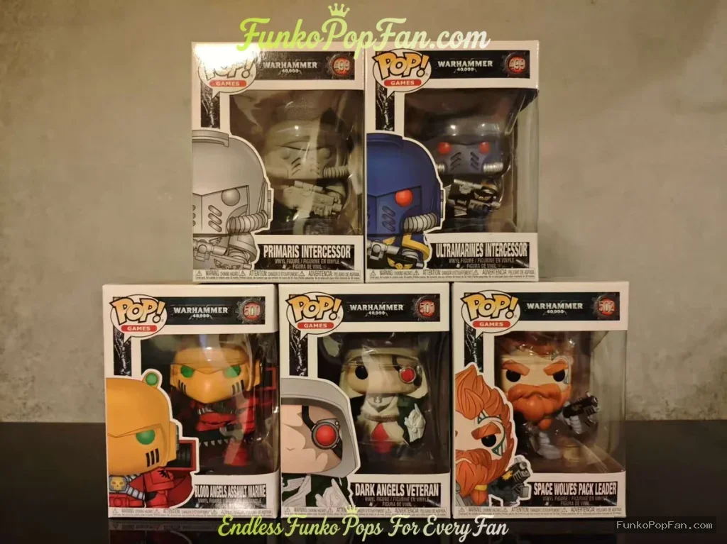 Bundle Funko Pop Warhammer 40000 #499 Primaris Intercessor / Ultramarines Intercessor / #500 Blood Angels Assault Marine / #501 Dark Angels Veteran / #502 Space Wolves Pack Leader Vinyl Figure Bobblehead Vaulted Collectible With Protector Funko Pop Figure