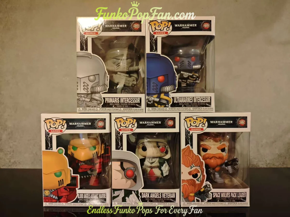 Bundle Funko Pop Warhammer 40000 #499 Primaris Intercessor / Ultramarines Intercessor / #500 Blood Angels Assault Marine / #501 Dark Angels Veteran / #502 Space Wolves Pack Leader Vinyl Figure Bobblehead Vaulted Collectible With Protector Funko Pop Figure